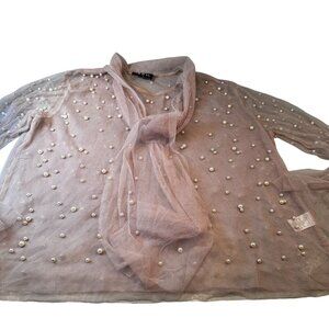 The Moon Pearl Sheer Mesh Blouse Womens Scarf Balloon Long Sleeve High Neck
